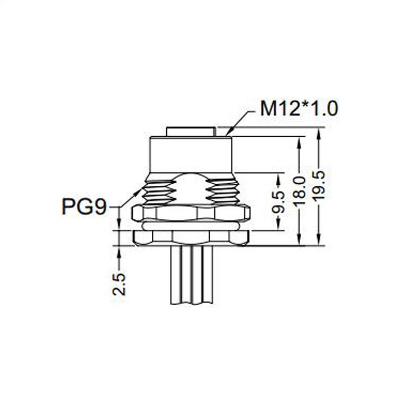 M12 8pins A code female straight front panel mount connector PG9 thread,unshielded,single wires,brass with nickel plated shell